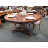 A Victorian rosewood tilt-top dining table on plateau base, some loss of veneer, 122cm diameter