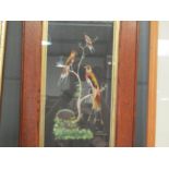 An early 20th Century feather and hand painted image of exotic birds on branches, oak framed, 46cm x