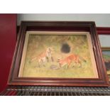 DAVID J PERKINS (b.1936): An oil on canvas of Fox cubs toying with a Hedgehog. Signed bottom