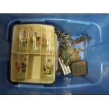A box containing equestirian related items including spurs, Thelwell glasses, brass ash tray etc