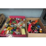 Two boxes of playworn mainly diecast vehicles including Matchbox, Corgi etc.