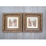 A pair of Victorian painted porcelain tile panels depicting waterfalls. Set in heavily ornate gilt