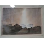 T MOORE: A watercolour depicting a cart passing dwellings on the brow of a hill, signed lower