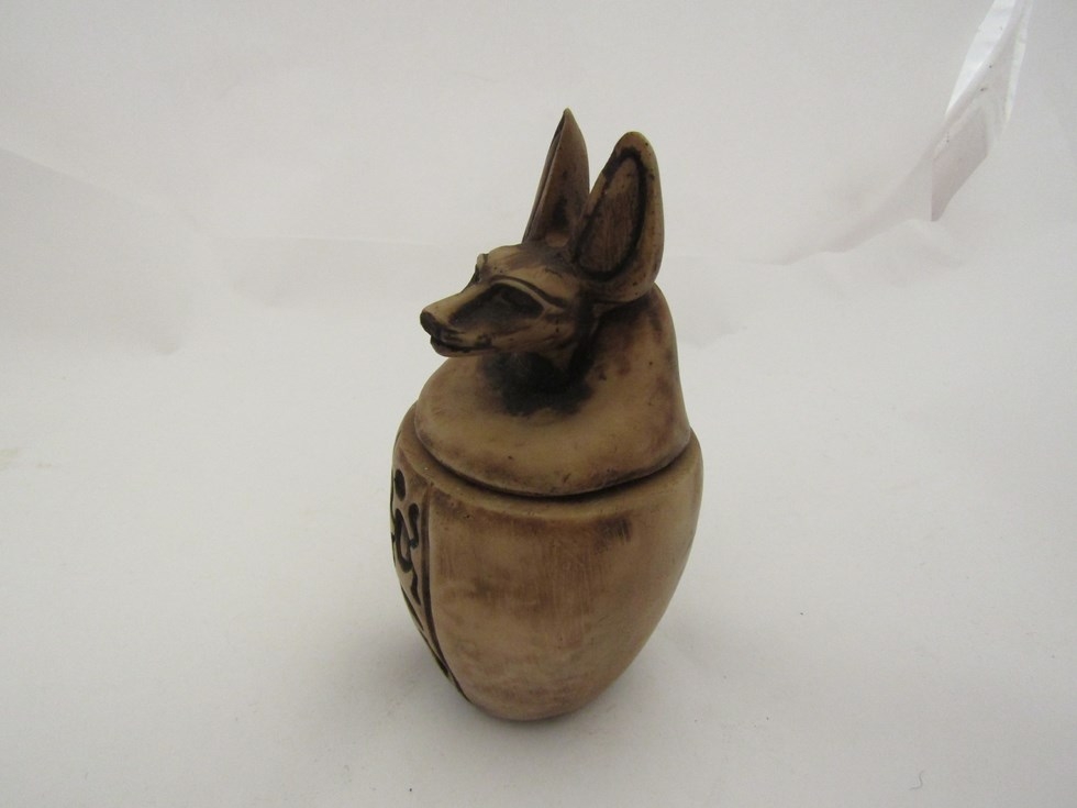 An alabaster Egyptian lidded jar with ancient pharaonic deity Anubis lid - Image 2 of 3