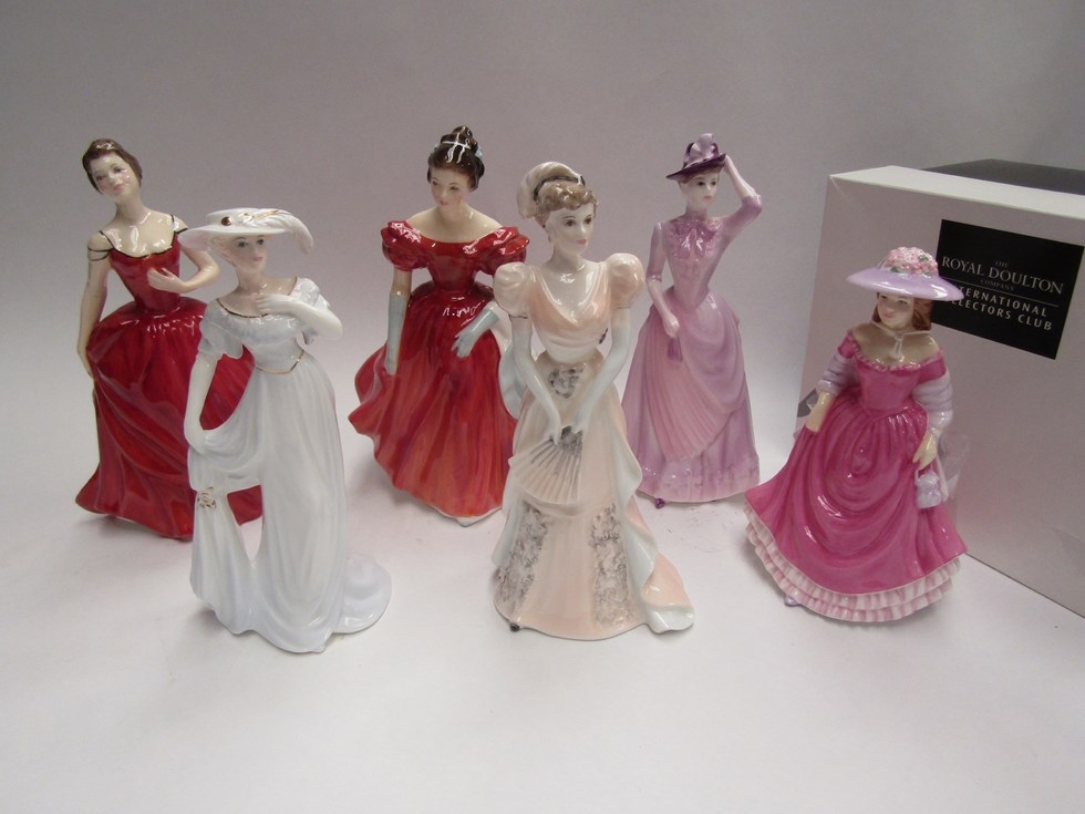 Three Royal Doulton figurines; Innocence, Winsome and Summer Breeze together with three Coalport
