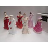Three Royal Doulton figurines; Innocence, Winsome and Summer Breeze together with three Coalport