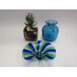 Two Mdina bottles, one with stopper, and an associated studio glass dish (3)