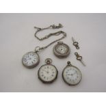 Four silver fob watches including one with chain and two fob watch keys