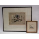 A pencil signed etching of market shop and coastal scene, framed and glazed (2)