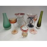 A selection of art glass including vases, sculpture and two Lynn glass candlesticks (7)