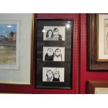 A set of three postcard prints (framed as one) of comical couples, 44cm x 23cm