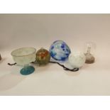 Two hand blown glass friendship balls, a straw silk glass goblet shape vase, etc (6)