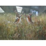 RYAN: "Boxing Hares". Framed and glazed acrylic on board. Signed lower right. 45.5cm x 64.5cm