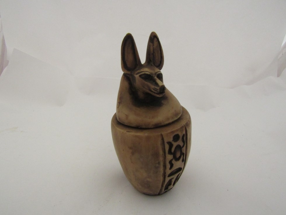 An alabaster Egyptian lidded jar with ancient pharaonic deity Anubis lid - Image 3 of 3