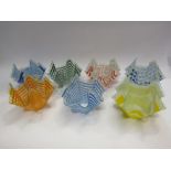 Seven glass handkerchief vases, one with Chance glass label, most 10cm tall