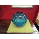 A turquoise glass fishbowl shaped vase with dimpled effect, approx. 22cm diameter