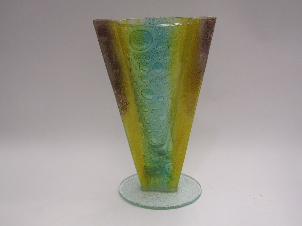 A retro studio bubble glass vase of tapering triangular form, 29cm tall