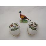 A Beswick pheasant and two Herend egg shaped trinket dishes, with bird decoration
