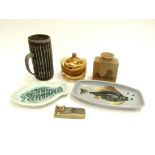 A collection of pottery including Aviemore preserve pot, a Eureka Craftware cat etc. Tallest 17cm