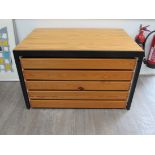 A Late 20th Century black metal Plan chest with five pine drawers and top. 105cm x 70cm x 65cm high