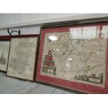 A coloured engraved county map of Leicestershire with coat of arms to lower left corner, framed