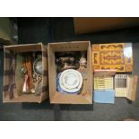 Two boxes of mixed wares: An Italian reuge musical table, silver plated dish, boxed cutlery,