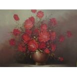 ROBERT COX: An oil on canvas still life of red roses in vase, signed lower right, ornate gilt frame,