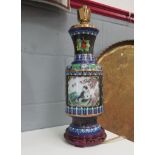 A Chinese Cloisonne lamp base, panels depicting cat among butterflies and flowers, 50cm high