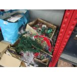 A box containing a quantity of vintage Christmas trimmings