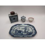 A Chinese export octagonal dish decorated in blue and white together with a tea bowl, (Denys