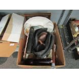 A box of miscellaneous items including cameras, Italian studio pottery planter, shooting stick,