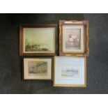 A box of pictures and prints including oil on board of beach and moored sailing vessels by Adrian