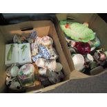 Two boxes of mixed ceramics and glassware, Beswick toby jugs, Crown Devon cabbage plate, Chickens,