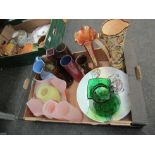 A box of ceramics and glassware including carnival glass vase, handkerchief glass bowl etc.