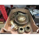 A box of mixed metalwares including Indian bowl, Persian plate, Japanese vase etc.