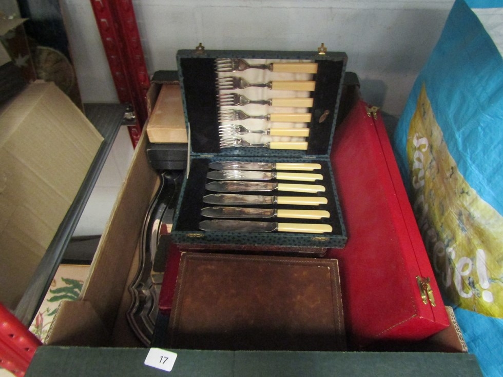 A quantity of metal wares including cutlery sets and silver plated tray