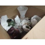 Three boxes of mixed chinaware including Myott tureens and plates, a stoneware Holkham vase and