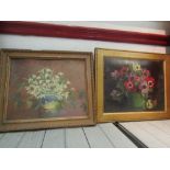Two mid-20th Century oils on board depicting still life of flowers, 26cm x 32cm and 26cm x 34cm,
