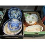 Two boxes containing transfer ware meat platter, large shallow willow pattern bowl, game tureen