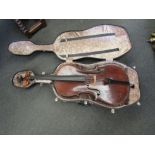 An early 20th Century cello in hardcase, crack to body