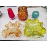 A collection of heavy art glass; two ashtrays, two vases and a paperweight (5)