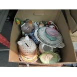 Three boxes of mixed ceramics including cabbage leaf wares, Shorter & Sons fish plates, etc, some