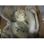 A box of assorted china including Alfred Meakin bird design plates, Myoth part dinner service and