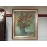 CATHY LOWTHIAN: Oil on board depicting still life of flowers in a blue vase, signed lower left,