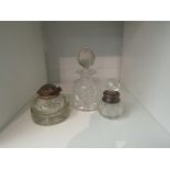 A cut glass scent bottle with silver collar, an inkwell and a small decanter (3)