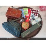 A collection of buttons and bags: carved lucite bag a/f, military buttons, etc.
