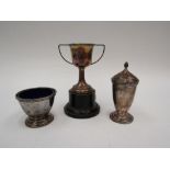 A silver cup, pepperette and a salt a/f (3)