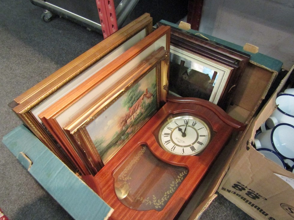 A box of assorted pictures and prints and a modern Westminster wall clock