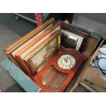 A box of assorted pictures and prints and a modern Westminster wall clock
