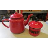 A red enamel tea/coffee pot and similar coffee canister